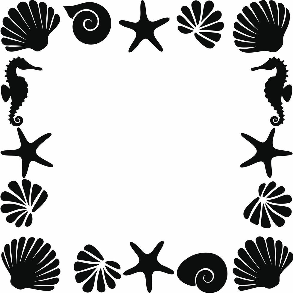 Seashell and starfish black and white silhouettes in minimal style. vector