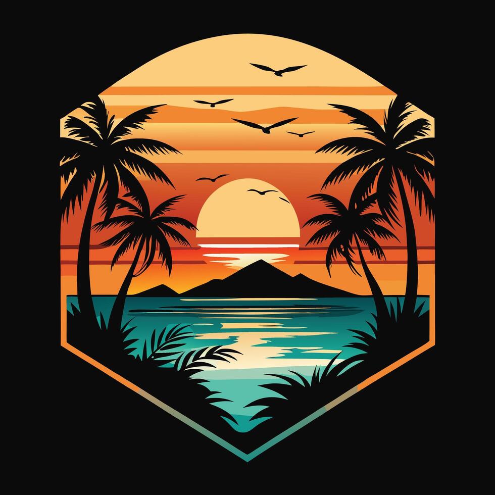 Black and white beach scene with palm silhouette. vector