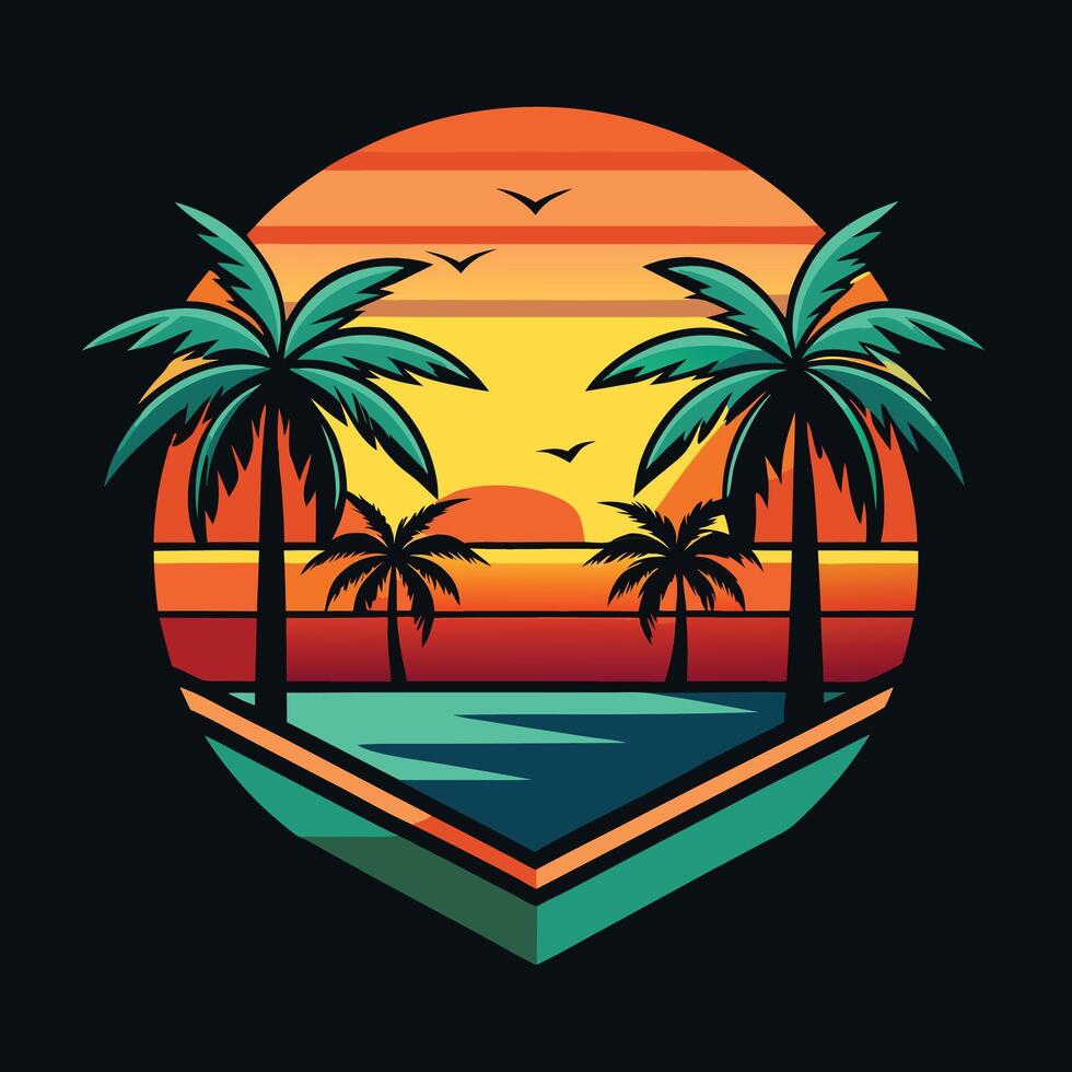 Stylized palm trees in vibrant tropical beach logo design. vector