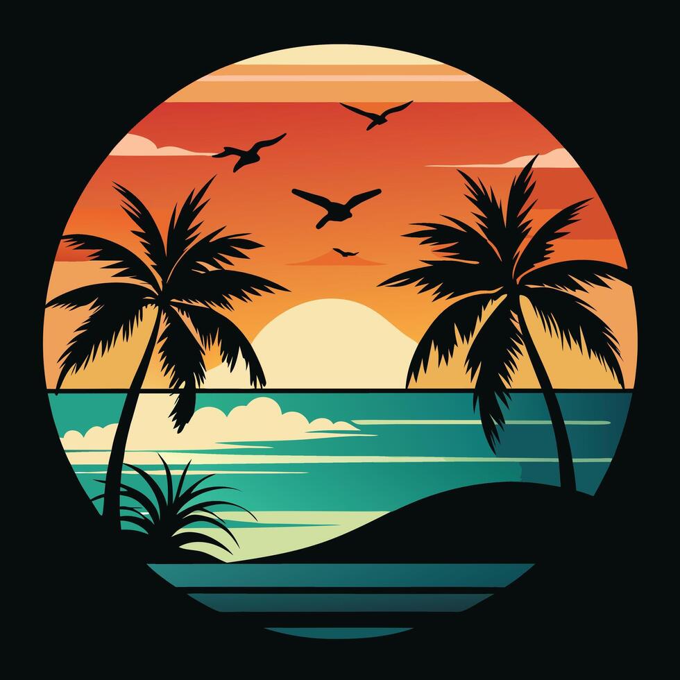 Tropical beach scene in black and white silhouette style. vector