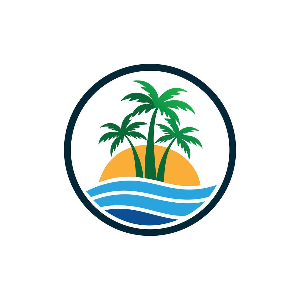 Palm trees silhouette at sunset with vibrant orange sun. vector