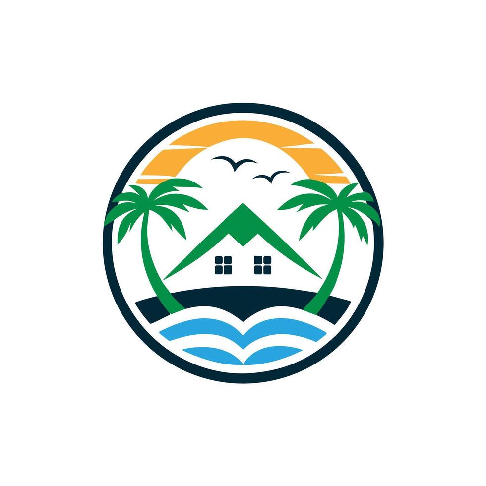 Tropical beach resort circular logo design in stylized style. vector