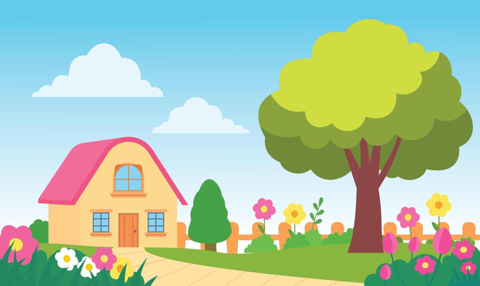Home House with Colorful Flowers Floral Garden Park Yard Landscape in Summer vector