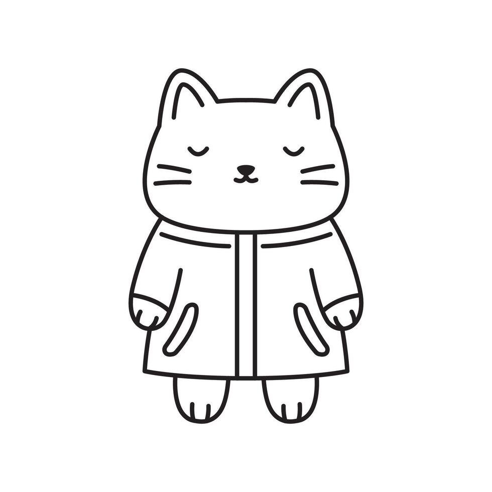 Funny Cat Kitten Cartoon Character Wearing Jacket Coat Raincoat in Line Art Design vector
