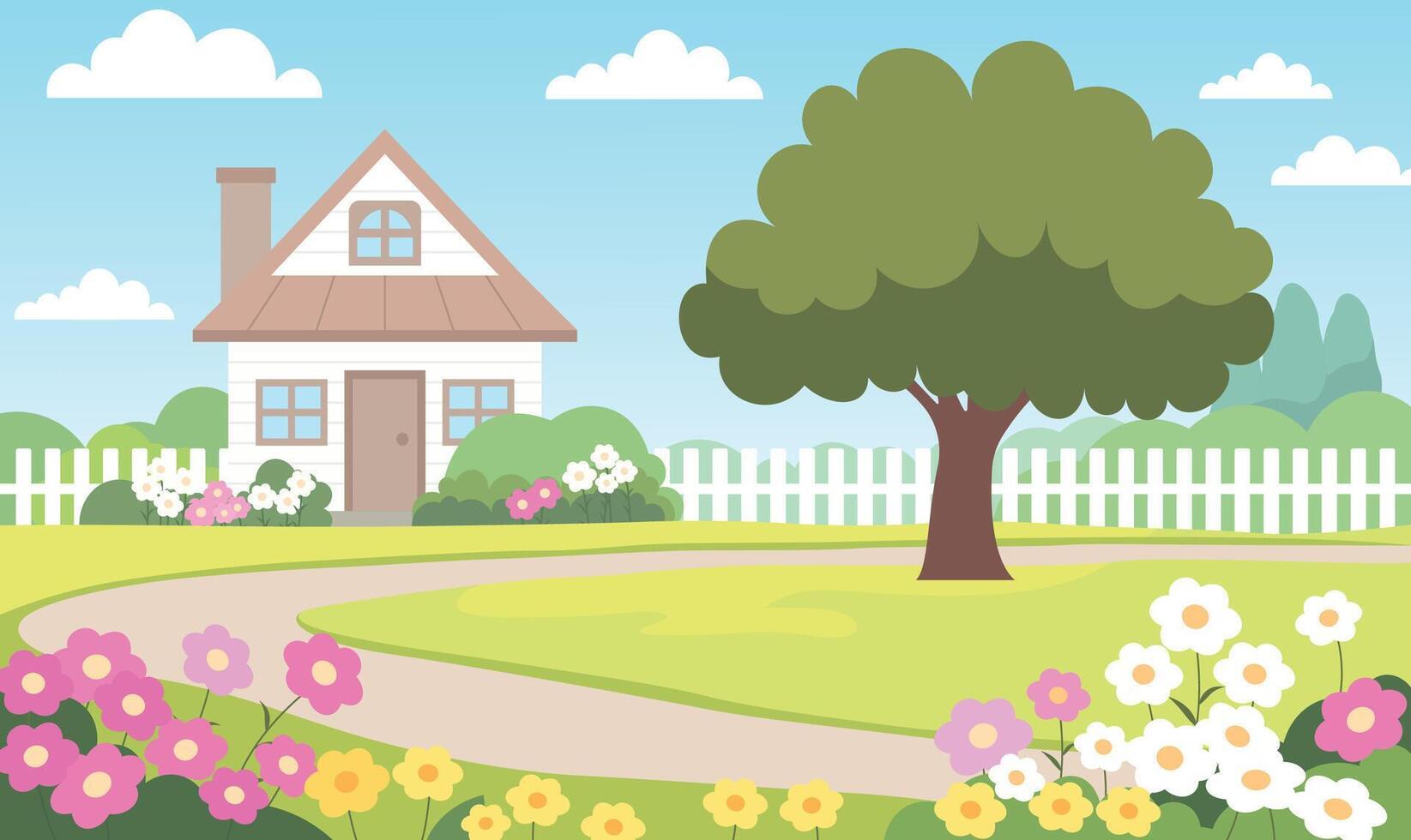 Beautiful Home House Building with Colorful Flowers Floral Garden Park Yard Landscape in Summer Season vector