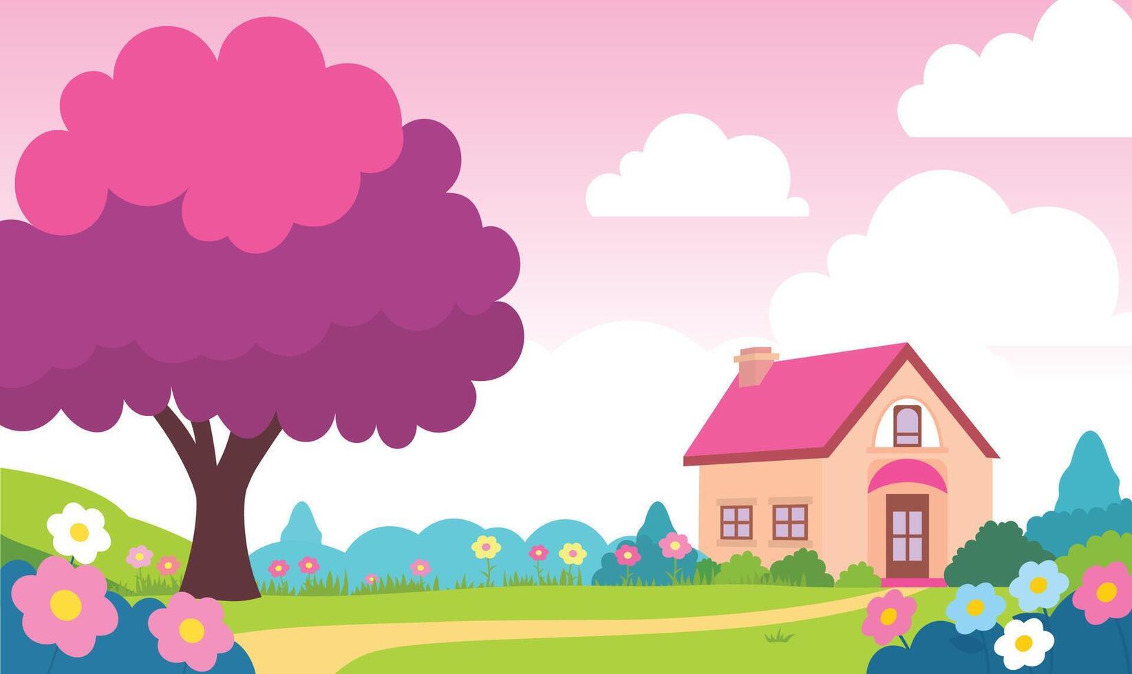 Beautiful Home House Building with Colorful Flowers Floral Garden Park Landscape in Summer vector
