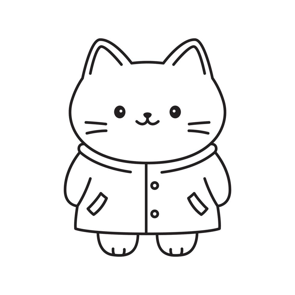 Happy Funny Cat Kitten Pet Animal Cartoon Character Wearing Jacket Coat Raincoat in Line Art Design vector