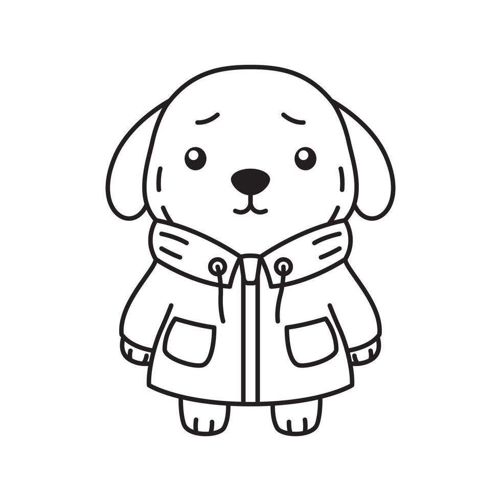 Cute Puppy Little Dog Pet Animal Cartoon Character Wearing Jacket Coat in Line Art Design with Sad Expression vector