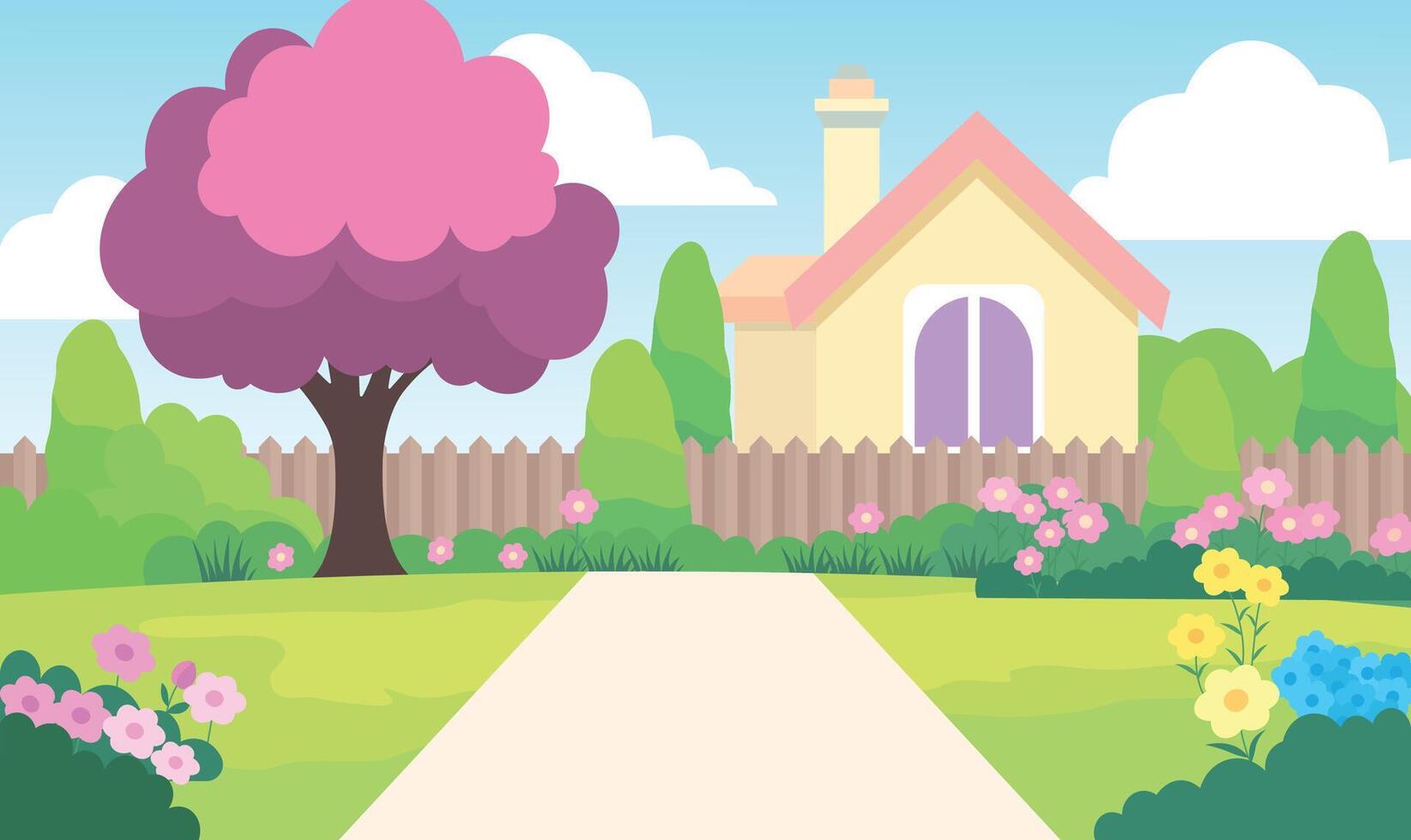 Beautiful Home House with Flowers Floral Garden Park Yard Landscape in Summer vector