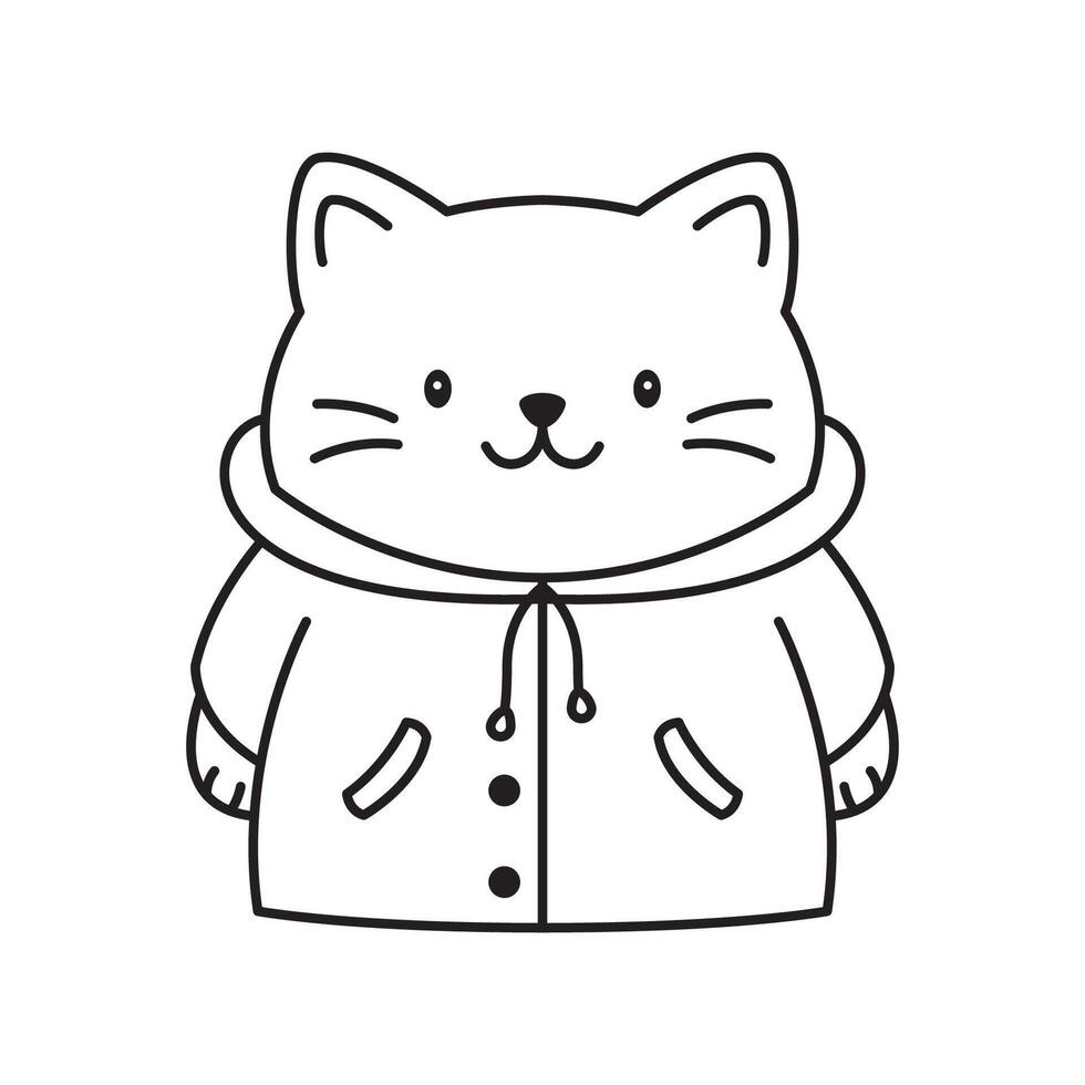 Funny Cat Kitten Pet Animal Cartoon Character Wearing Jacket Coat Raincoat in Line Art Style vector