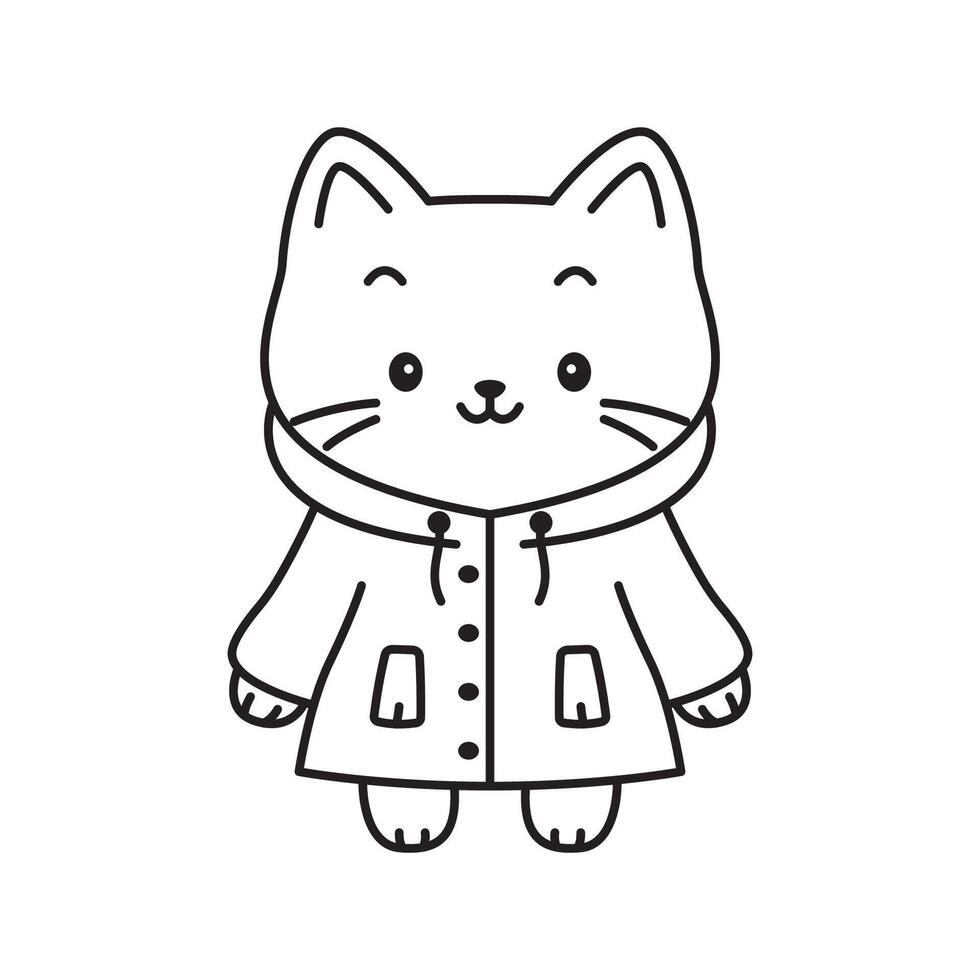 Funny Cat Kitten Pet Animal Cartoon Character Wearing Jacket Coat Raincoat in Line Art Hand Drawn Design vector
