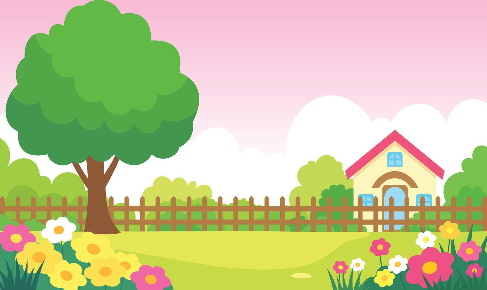 Beautiful Home House Building with Colorful Flowers Floral Garden Park Outdoor Landscape in Summer vector