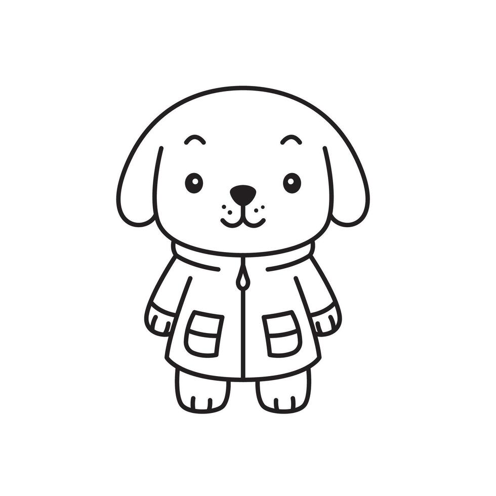 Cute Puppy Little Dog Pet Cartoon Character Wearing Jacket Coat in Line Art Design vector