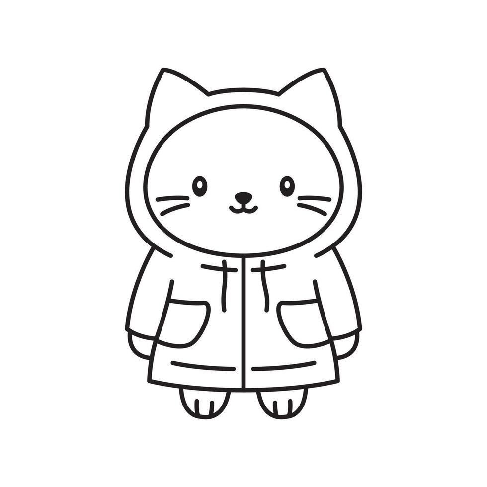 Funny Cat Kitten Pet Animal Cartoon Character Wearing Jacket Coat Raincoat in Line Art vector