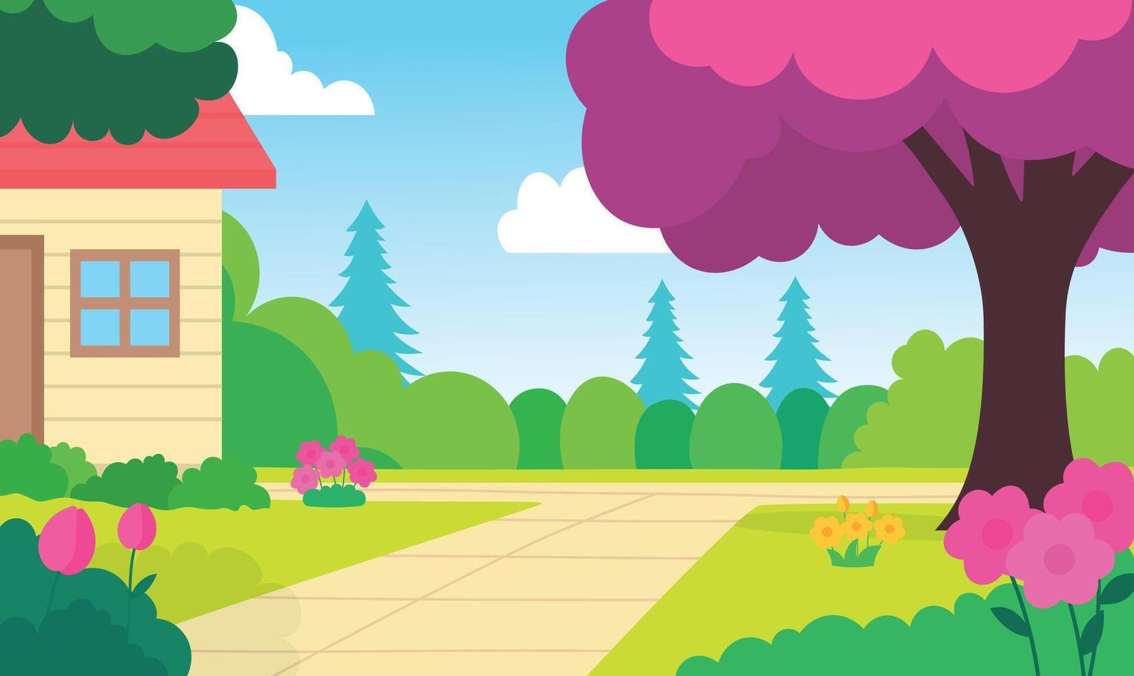 Beautiful Home House Building with Colorful Flowers Floral Garden Park Yard Landscape in Bright Sky vector