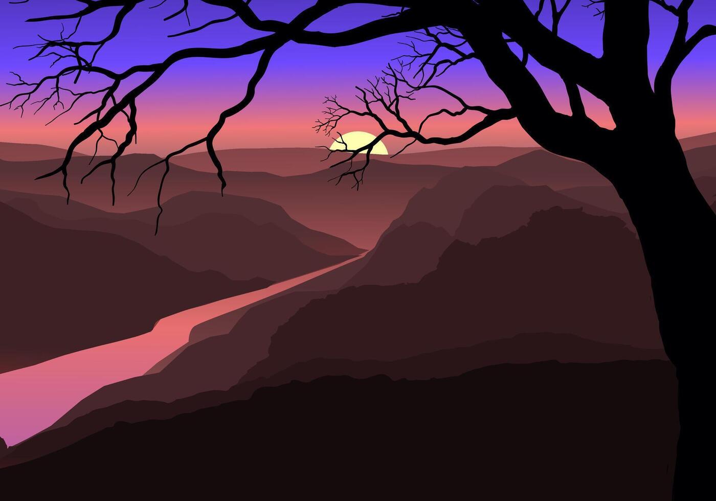 Mountain dusk scenery with river and bare tree silhouette vector