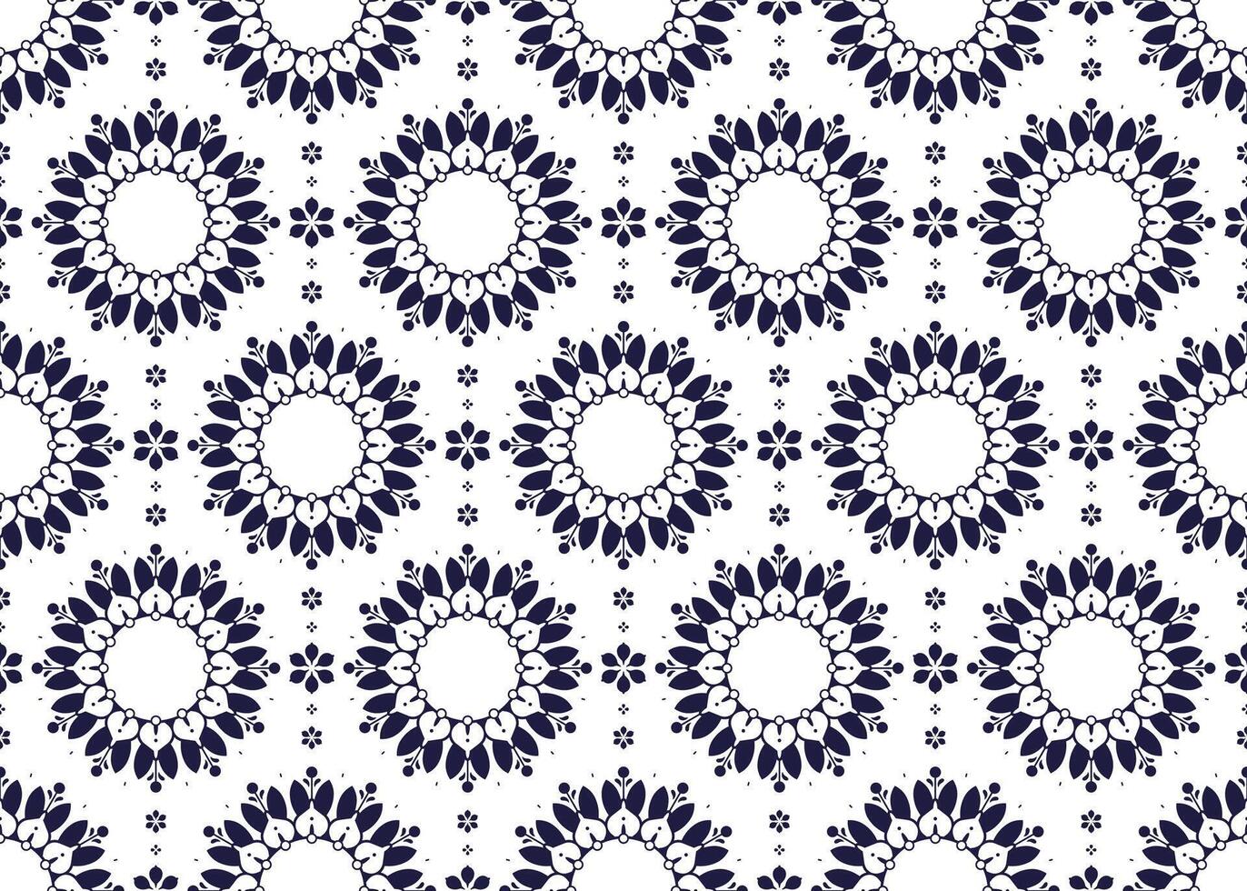geometric and symbol floral ethnic fabric seamless pattern, dark blue on White background, design for cloth, carpet, batik, wallpaper, wrapping etc. vector
