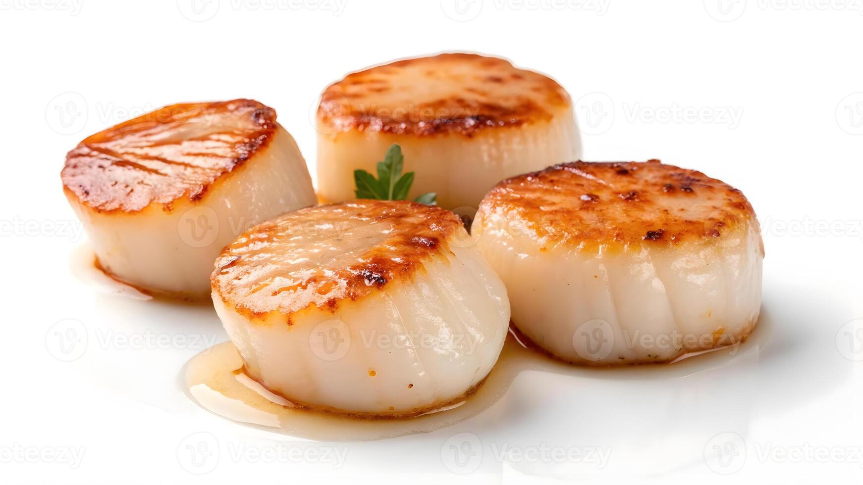 Perfectly seared scallops served on a white plate with garnish photo