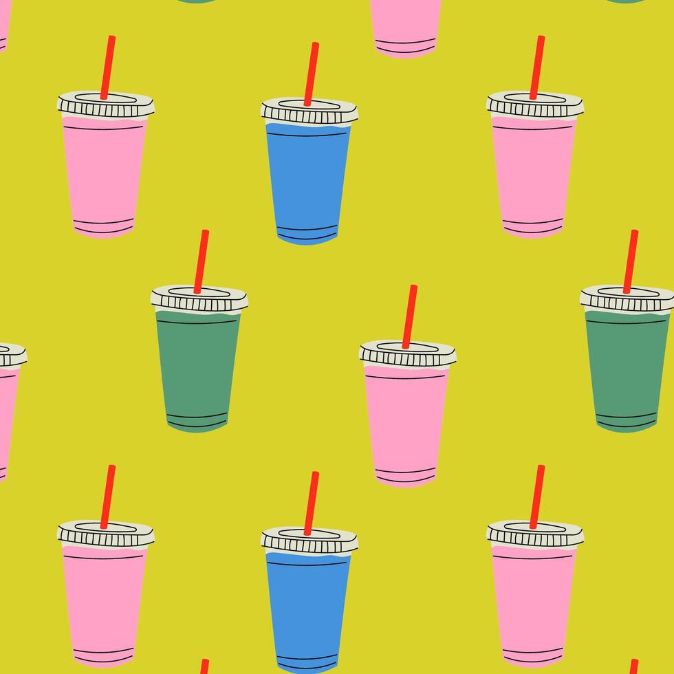 Seamless pattern with summer drink. Glass with soda, juice, smoothie.Perfect for summer designs, packaging, or textiles. vector