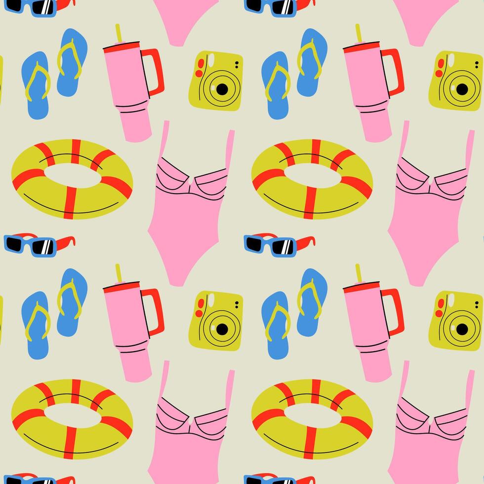 Seamless pattern with summer attributes and accessories. Pattern with summer attributes - swimsuit, tumblers, photo camera, sunglasses, flip-flops.Perfect for summer-themed designs and packaging. vector