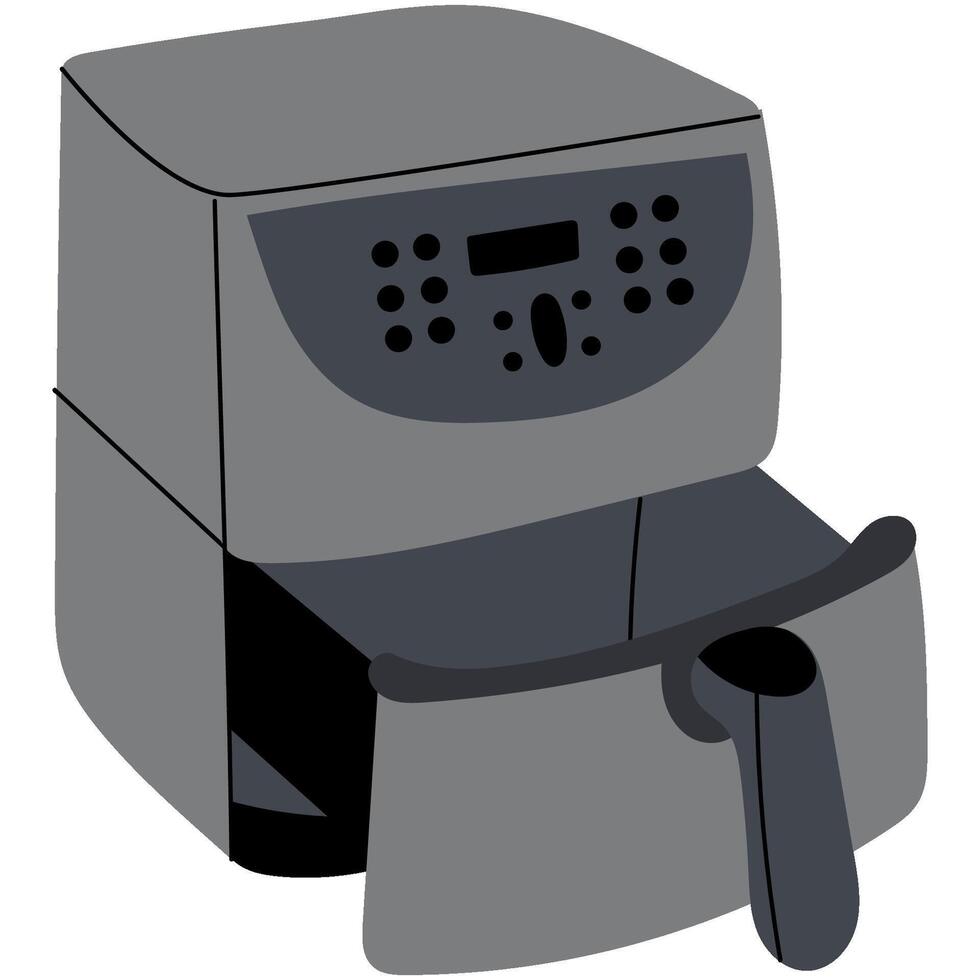 Modern air fryer kitchen appliance. Illustration of a modern air fryer with open basket. Ideal for healthy cooking, kitchen gadgets, and appliance design projects. vector