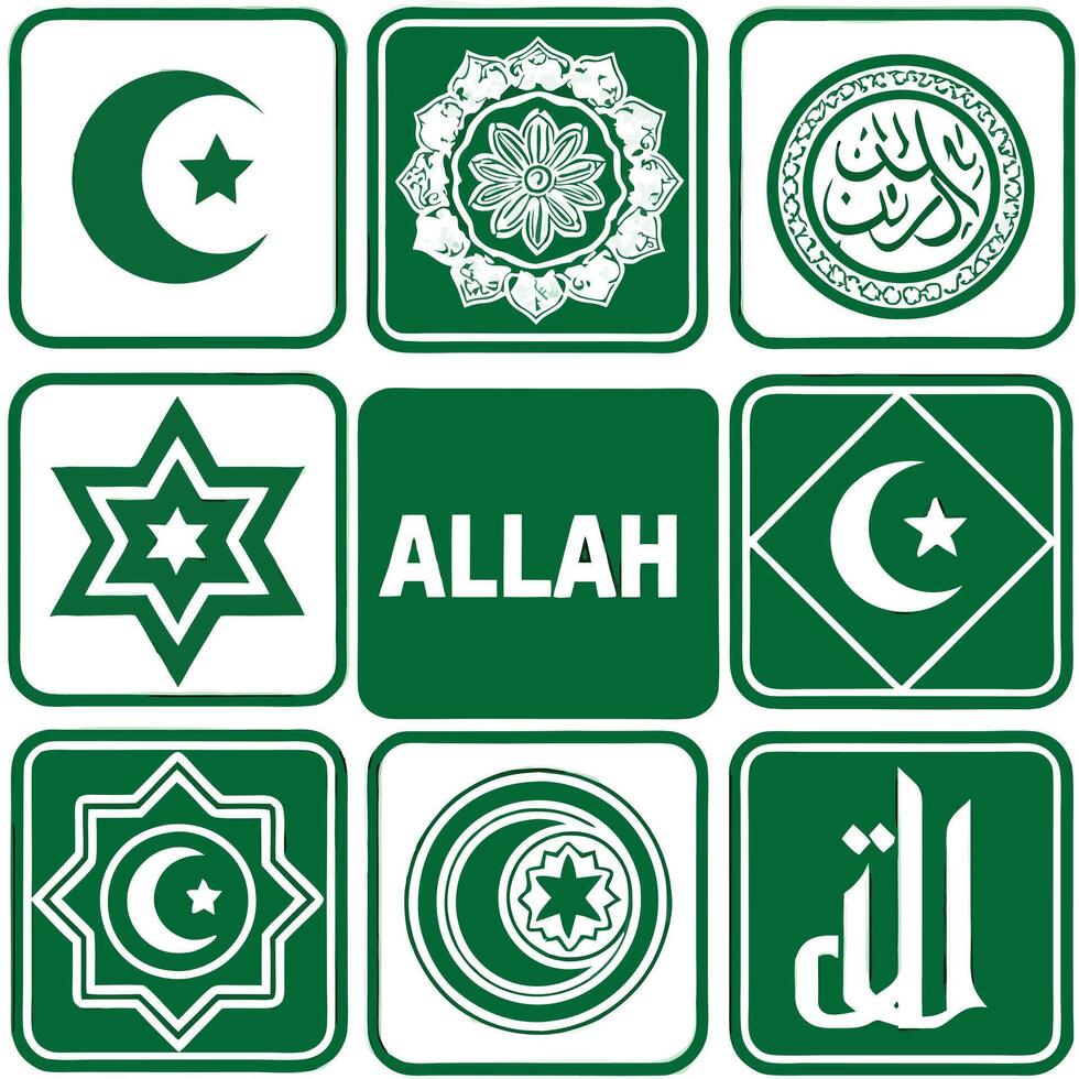 Collection of Islamic Symbols and the Word Allah in Green and White Squares vector