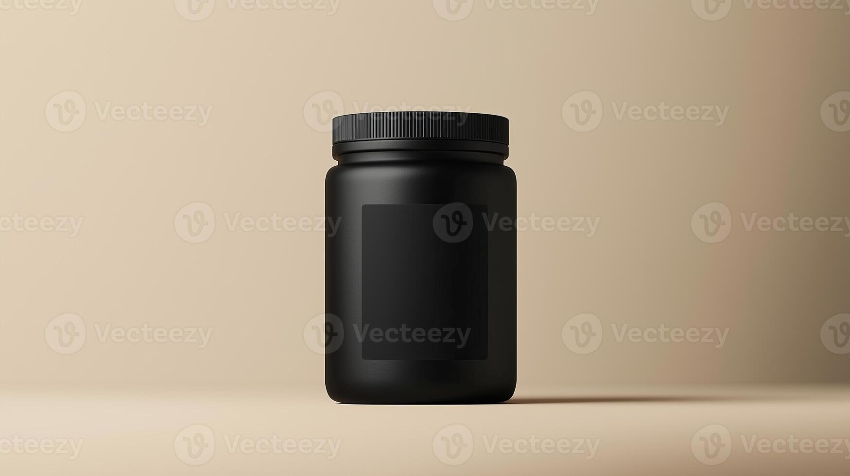 A blank black protein powder jar with a matte finish on a beige background, perfect for branding mockups photo