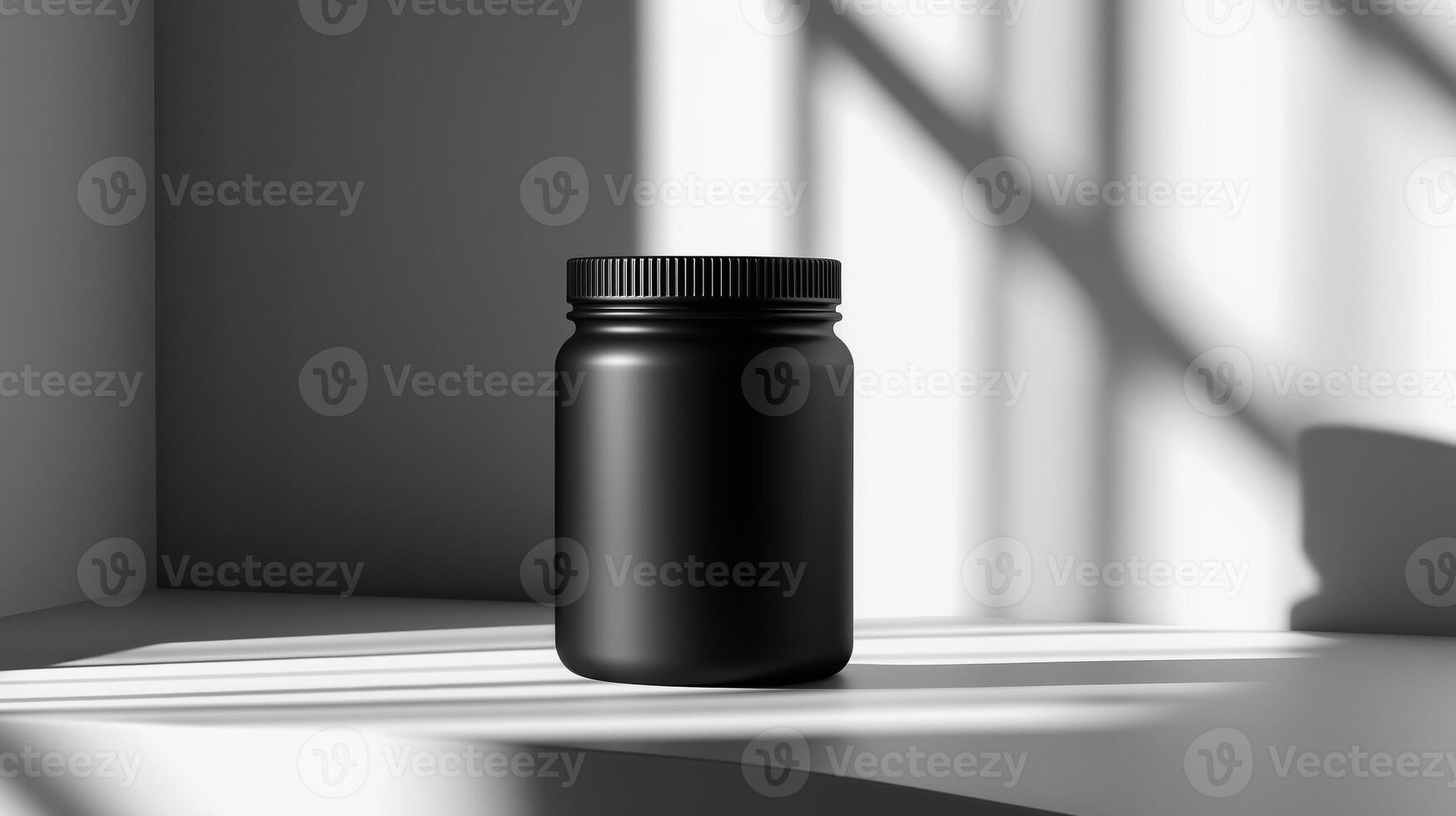A minimalistic high-contrast banner featuring a protein jar with a backlight photo