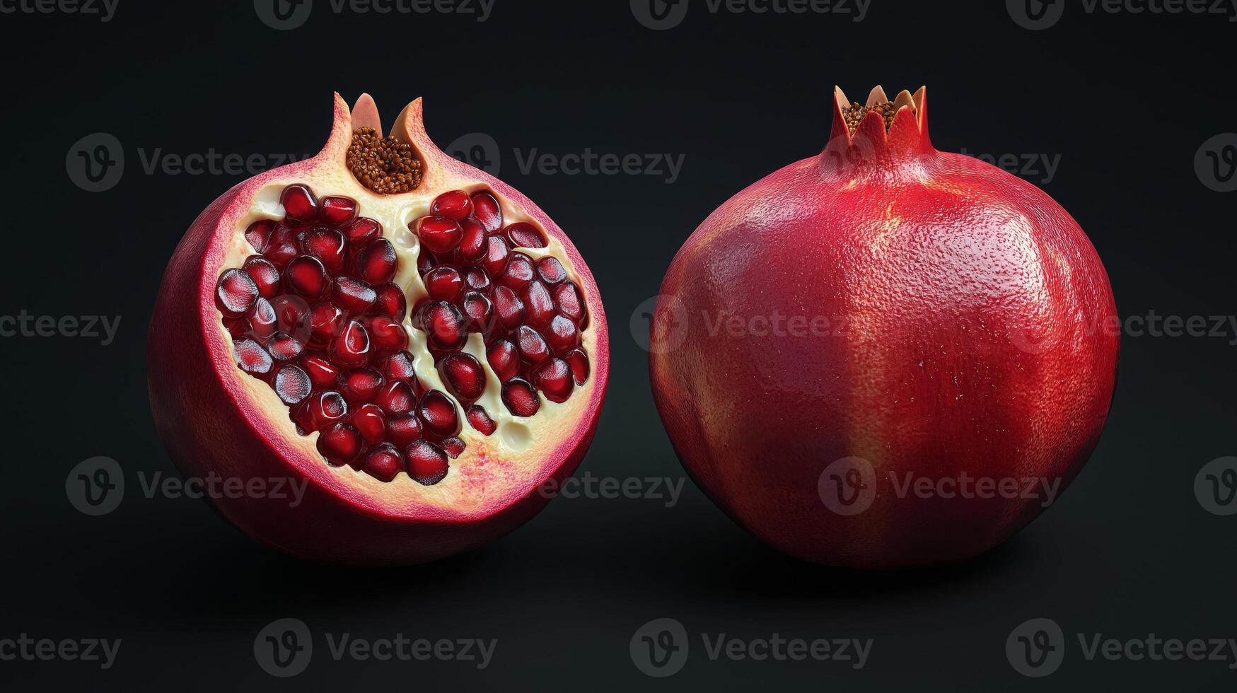 A halved pomegranate with glistening ruby-red seeds, the juicy pulp photo