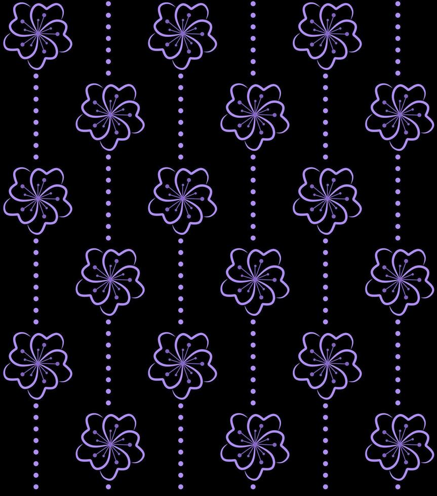 Blue Floral Line and Dots Pattern on Black Background vector