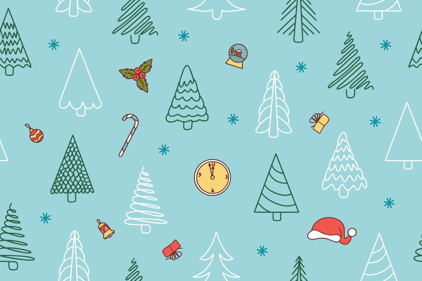 Seamless pattern of Christmas trees and various festive elements in doodle style on blue background. Trendy modern print for your design. vector