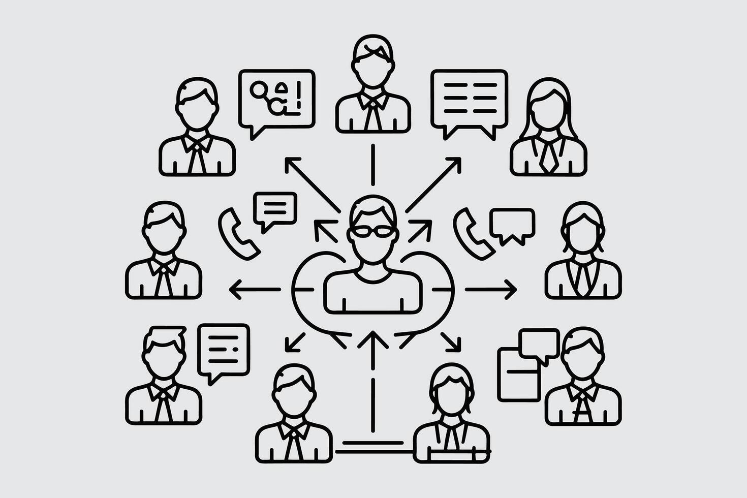 Business Network And Communication Flow With People Icons In Outline Style vector
