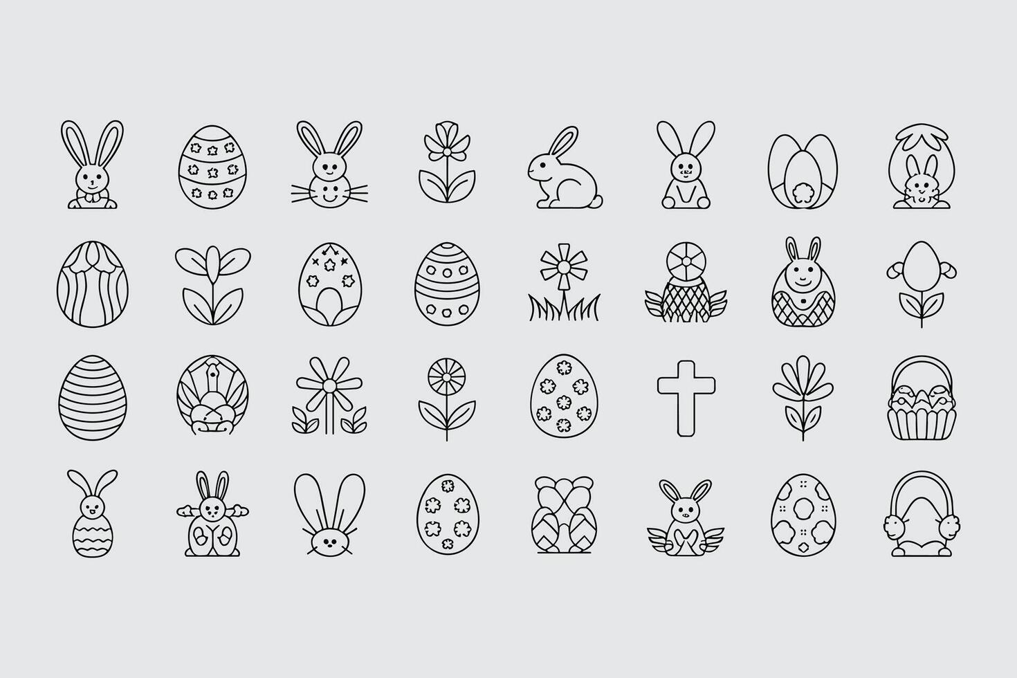 Easter Outline Icons Set Of Eggs Bunny Flowers And Other Holiday Elements vector