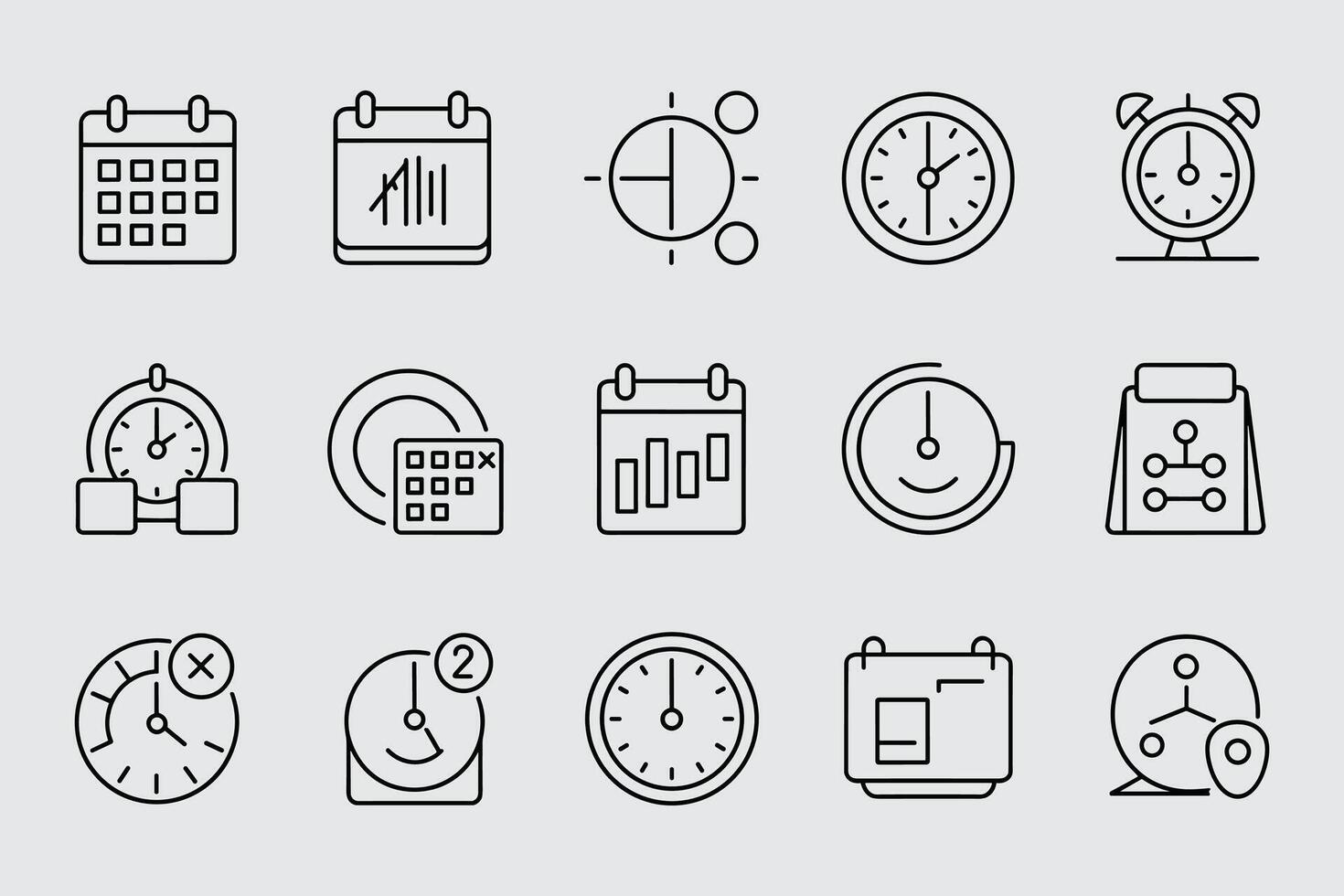 Schedule Planning Management Calendar Time Clock Thin Line Icons Set vector