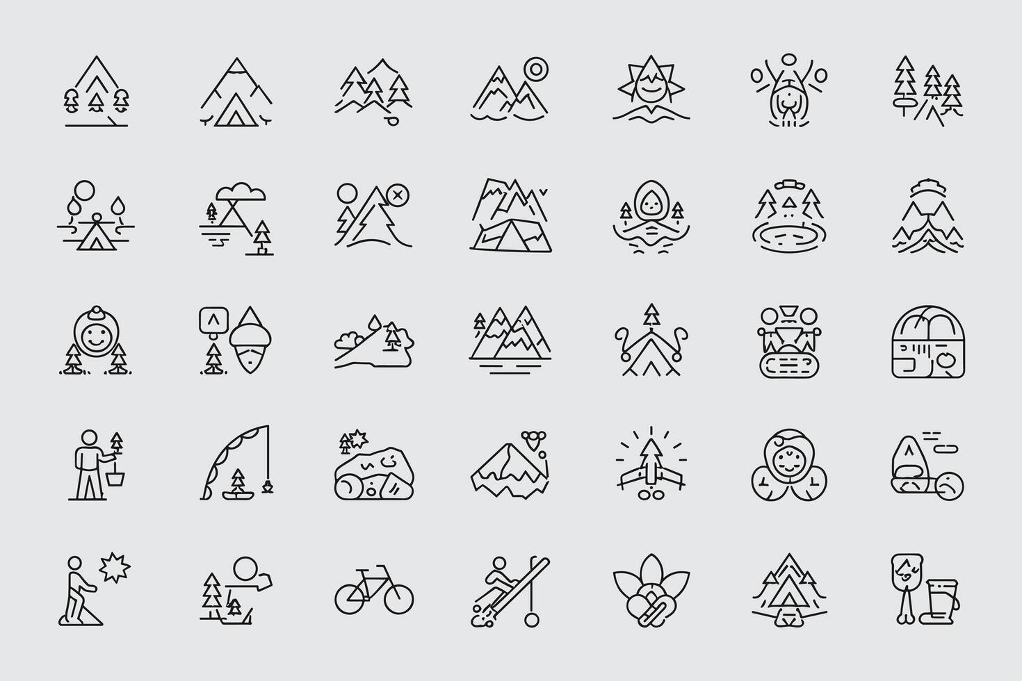 Mountain And Outdoor Activity Icons Set In Minimal Line Style Design vector