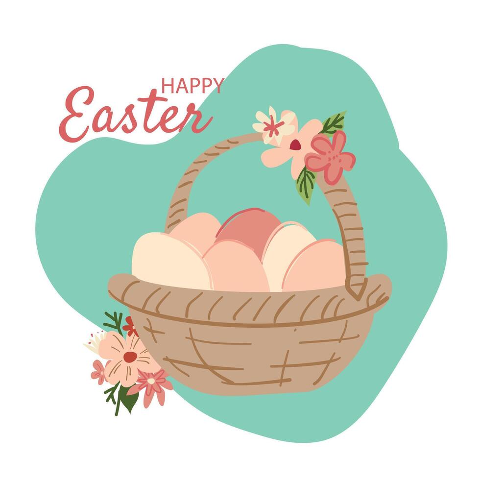 woven basket filled with pastel eggs, adorned with pink and white flowers, and the text HAPPY EASTER, perfect for festive designs. vector