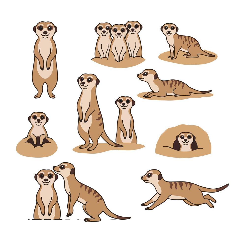 Meerkat Set with Cartoon Animals, and Cute Wildlife. vector