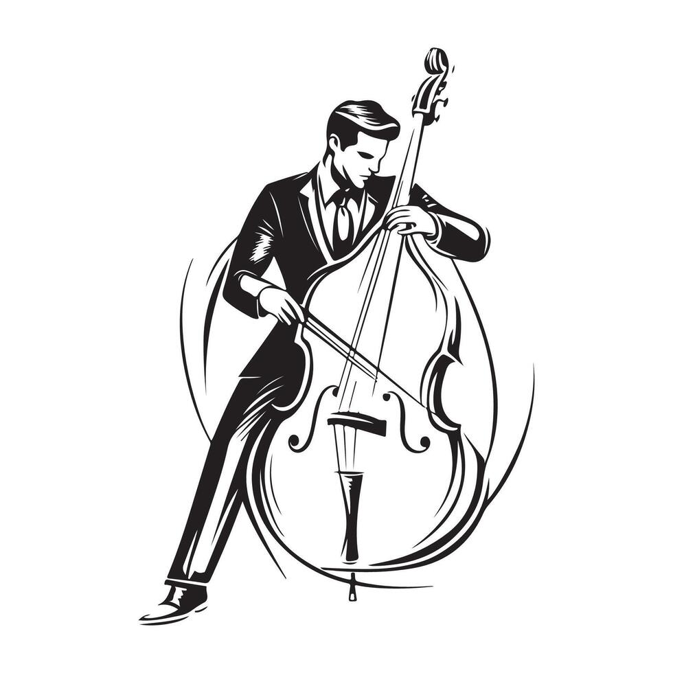 Musician performing on double bass playing Logo design Image on white background. vector