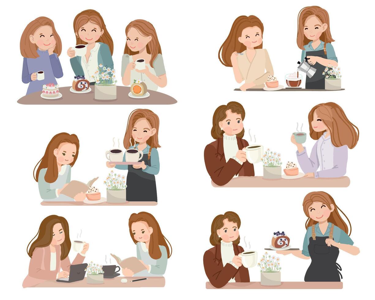 woman enjoy tea party working and reading at coffee shop cafe flat style isolated elements collection vector