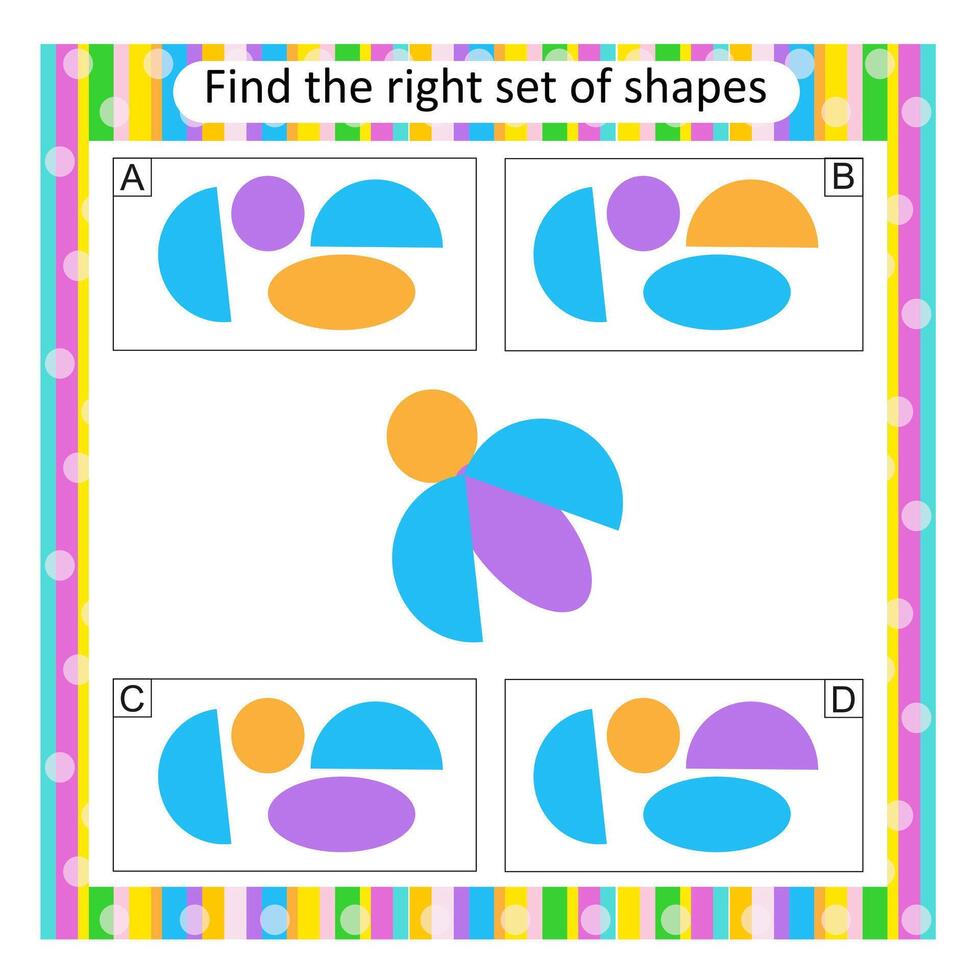 Logic puzzle for children. Find the correct set of cartoon beetle. Answer is C. vector