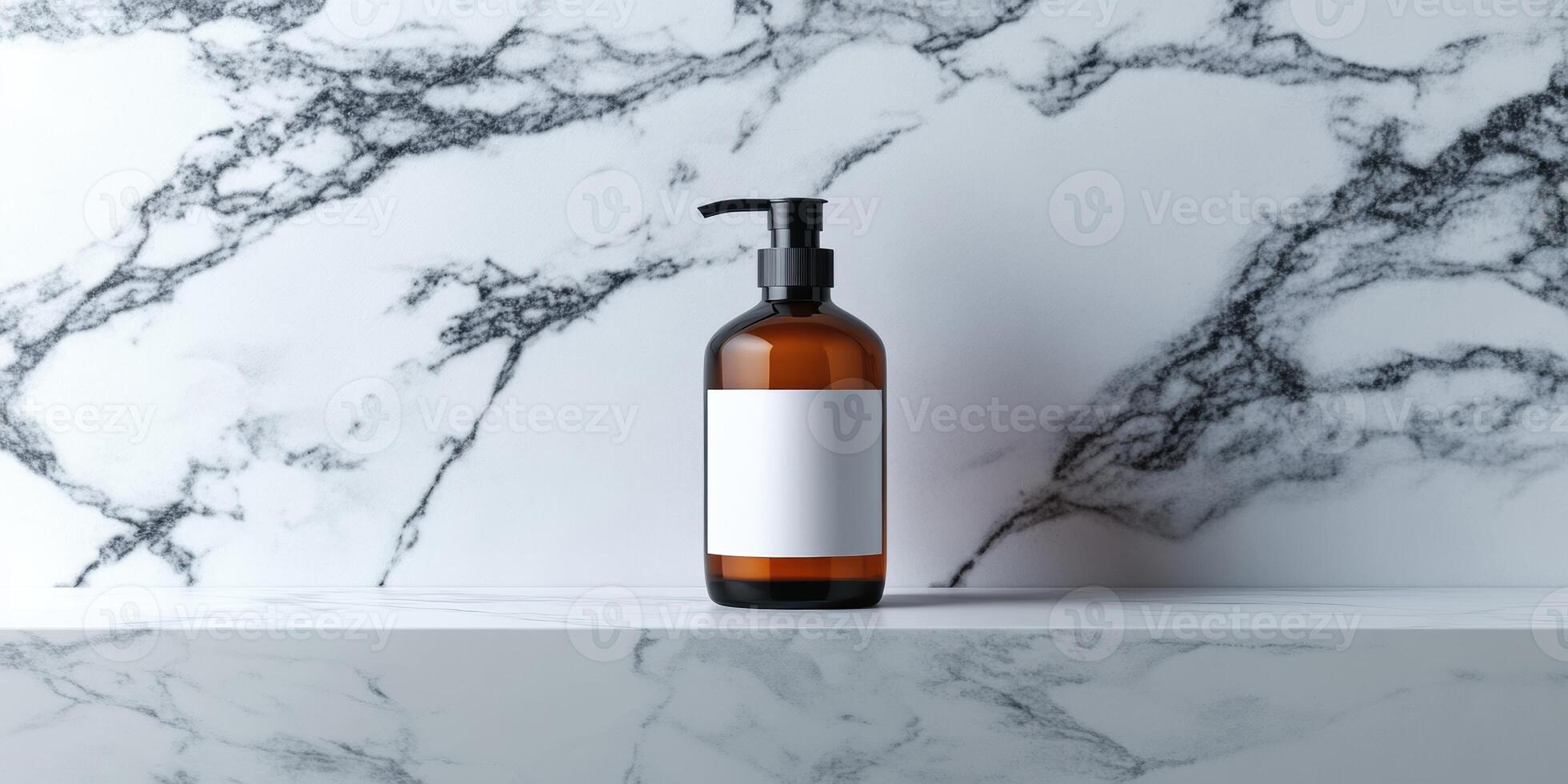 Ultra realistic minimalist mockup of a standing dispenser bottle on marble surface for design projects photo