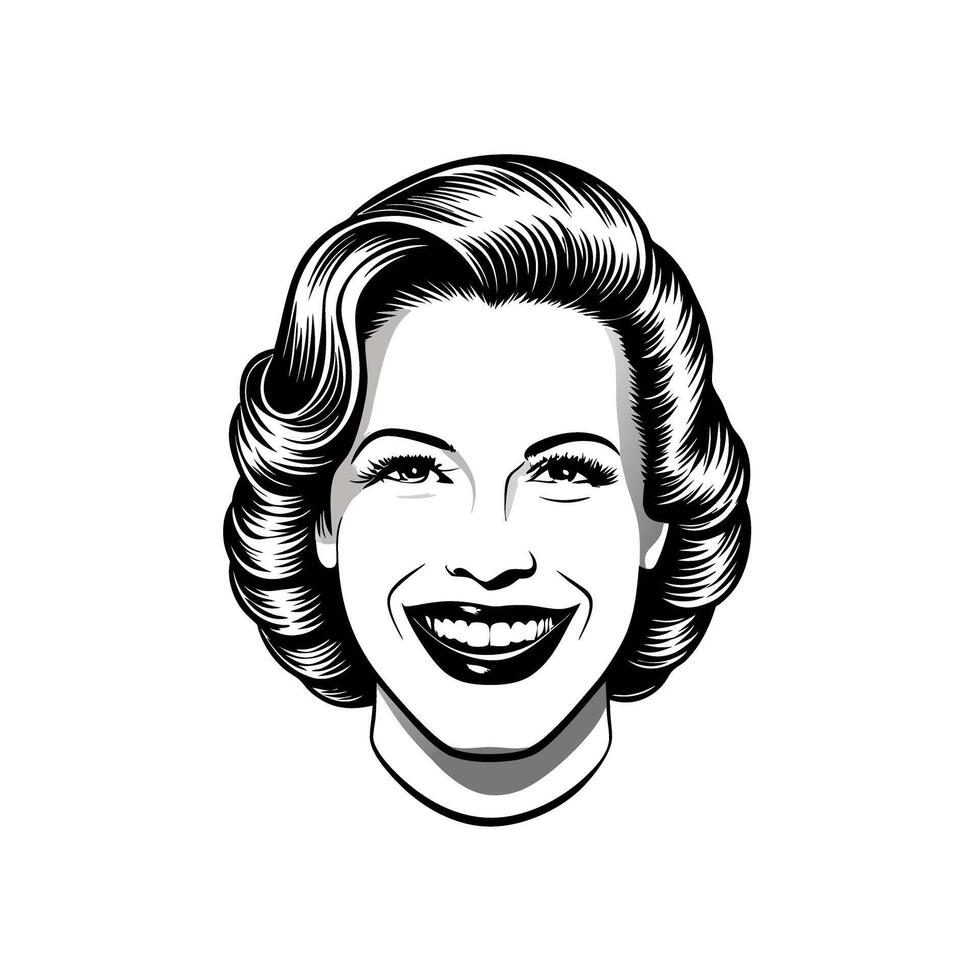 Smiling caucasian woman with retro hairstyle in black and white portrait vector