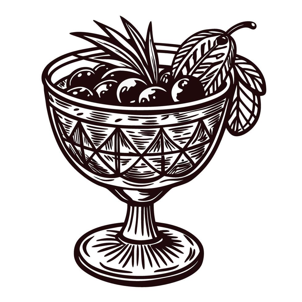 Elegant glass cup of berries with leaves in vintage vector