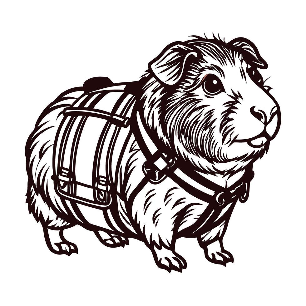 Guinea pig wearing a harness with backpack in detailed line art vector
