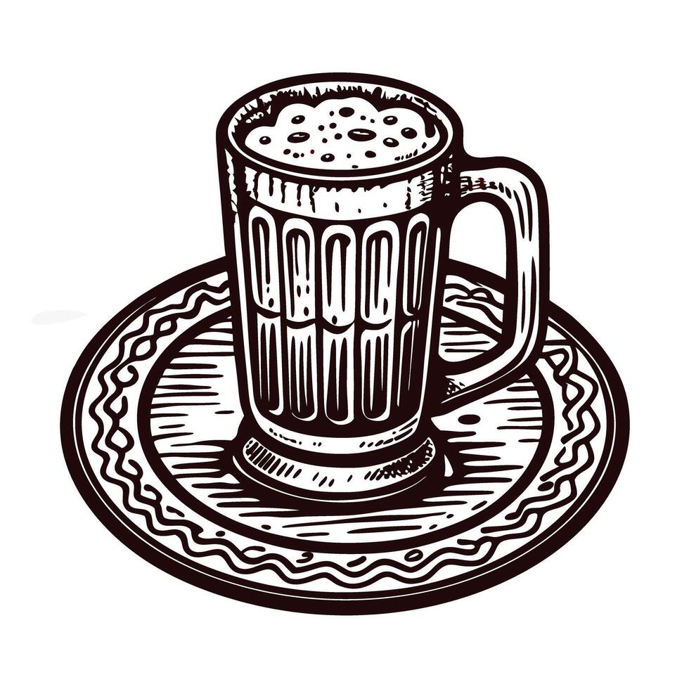 Intricate hand drawn beer mug on decorative plate with detailed etching vector