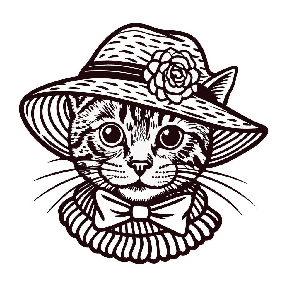 of a cat with hat and bowtie in vintage vector