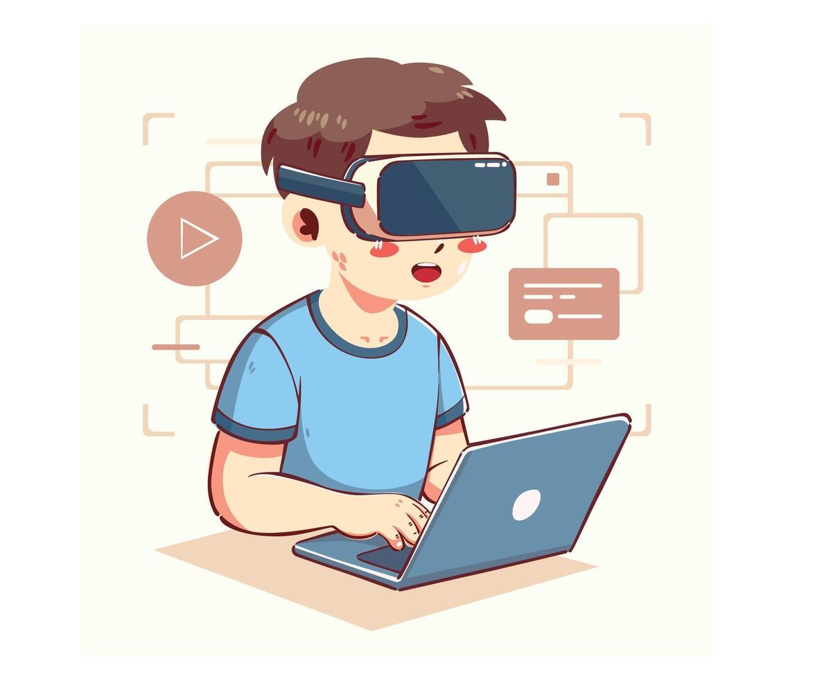 Boy Using Virtual Reality Headset vector