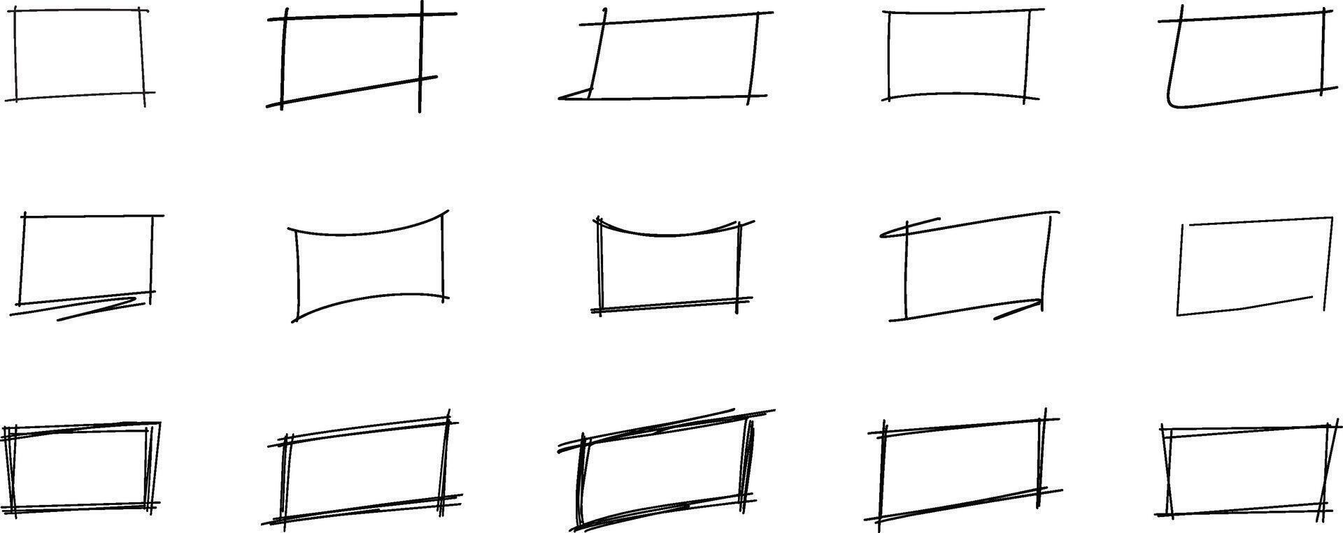 Doodle handdrawn rectangles. Collection of pencil or pen sketch elements of squares and marks isolated on transparent background. Black pen marker rectangle and square shapes vector