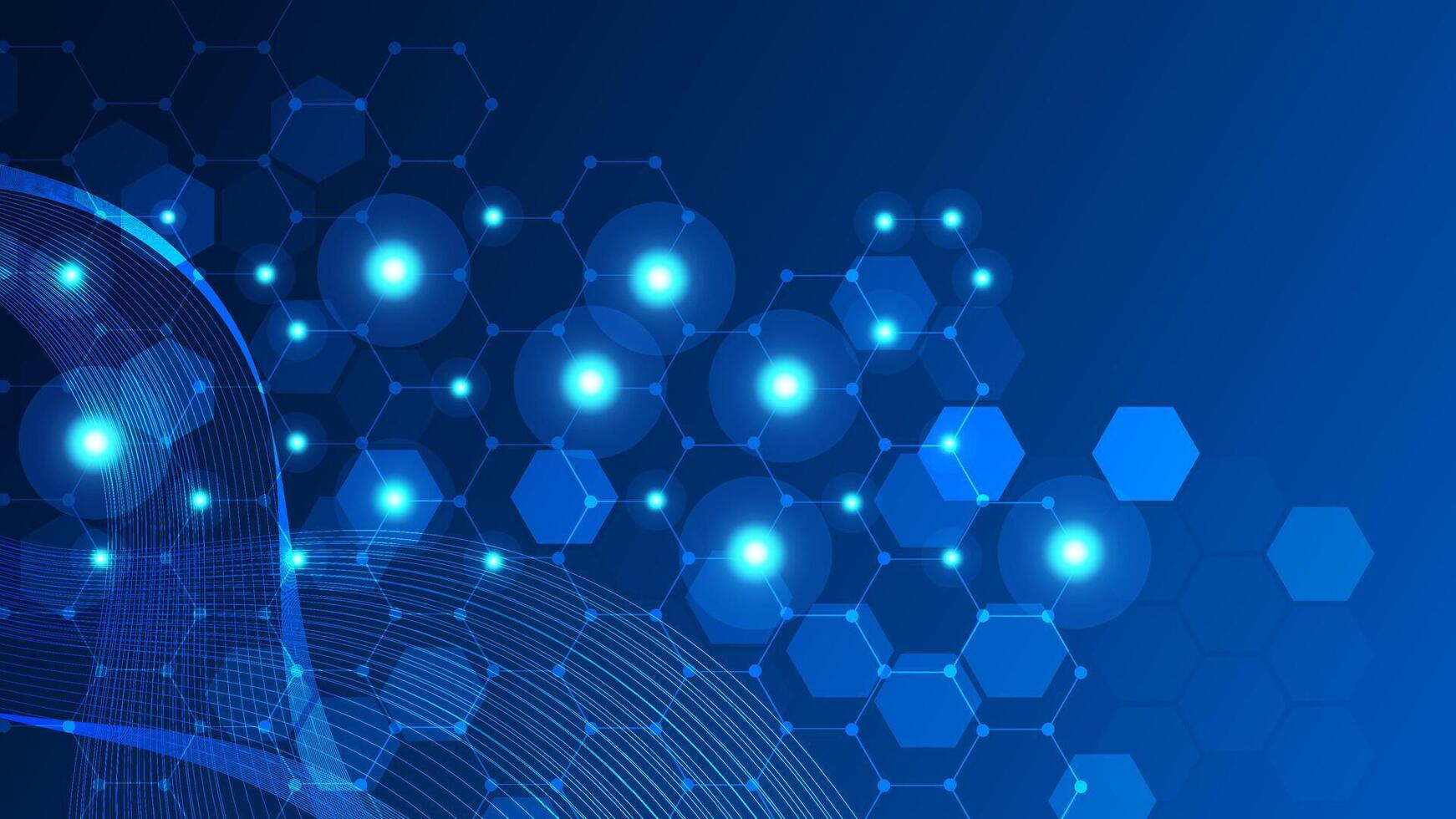Technology abstract lines and dots connect background with hexagons. Hexagons connection digital data and big data concept. Abstract digital network connection structure on blue background. vector