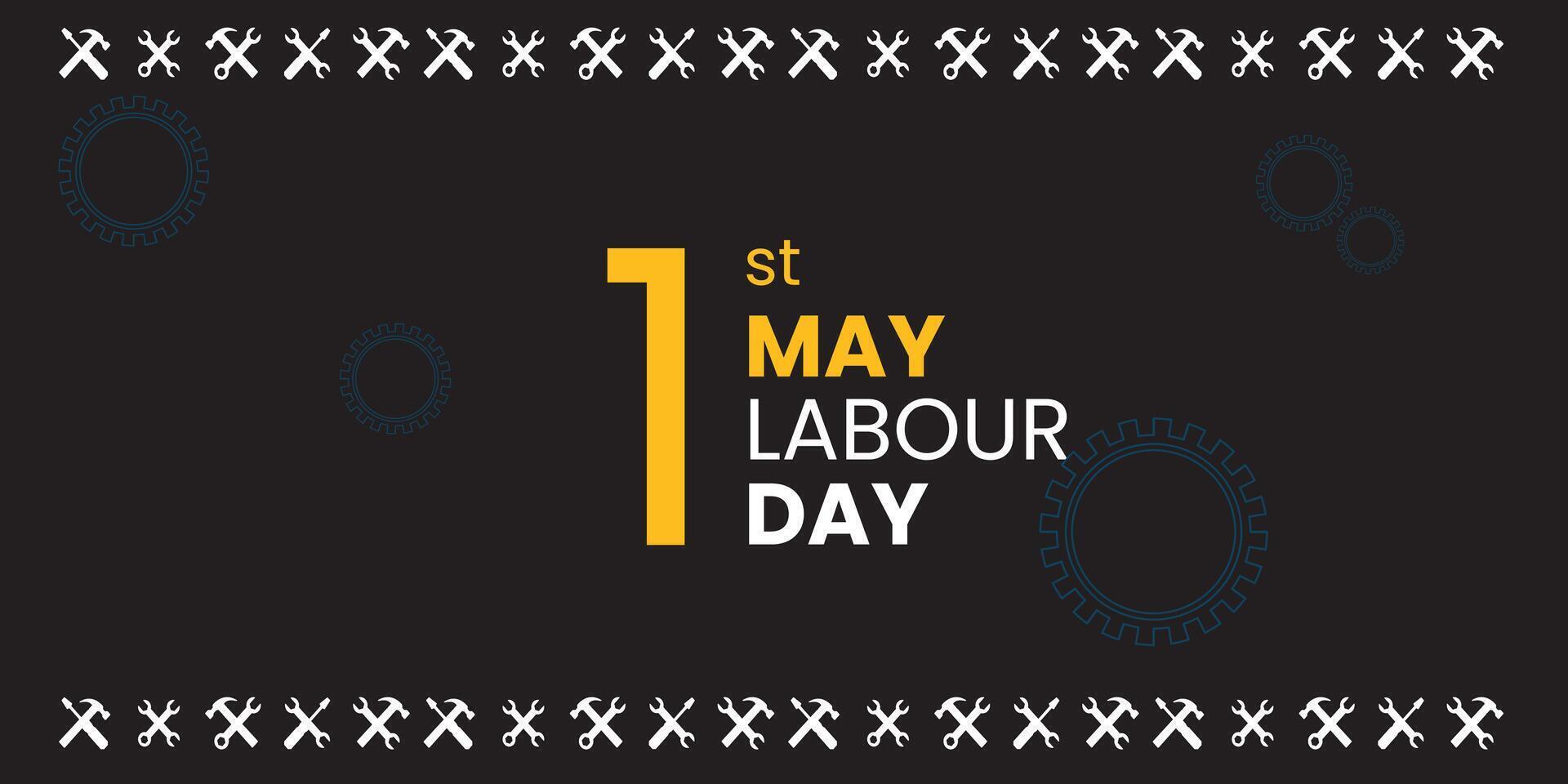 Minimalist 1st May Labour Day Banner with Tools and Gear Icons on Black Background vector